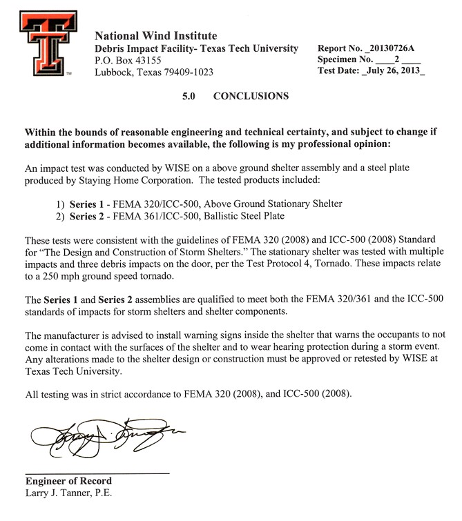 Texas Wind Institute Certificate Showing ICC-500 compliance for our Storm Shelters of Iowa Tornado Shelters