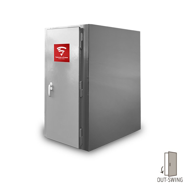 extreme-3x5 - Storm Shelters of Iowa Steel cabinet with an outward-swing door, left-hinged, featuring a red logo sticker on the front.